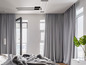 Grijze gordijnen in een moderne slaapkamer met een bed en een plant.