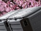 Twee zwarte composthopen tegen een achtergrond van roze bloesems.
