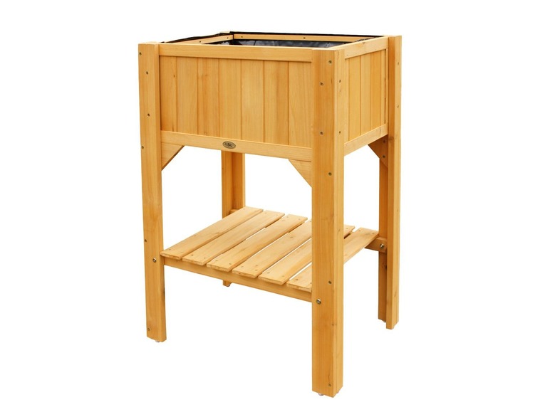 Een houten plantenbak met een extra plank.