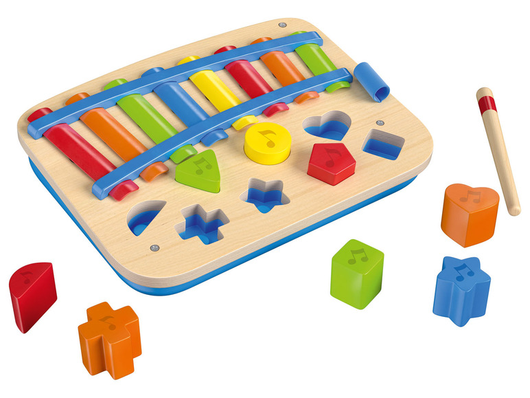 Een houten speelgoed xylofoon met gekleurde blokjes en vormen.