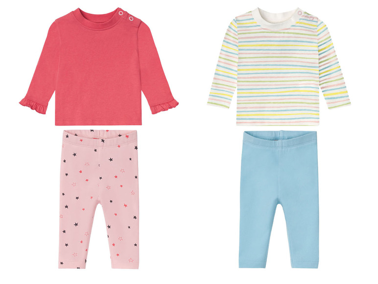 Deux ensembles de vêtements pour bébé : un rose avec des étoiles et un rayé.