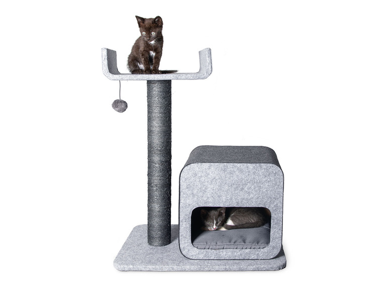 Een kattenkrabpaal met een platform, een krabpaal en een huisje.