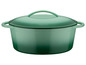 Een groene gietijzeren braadpan met deksel.