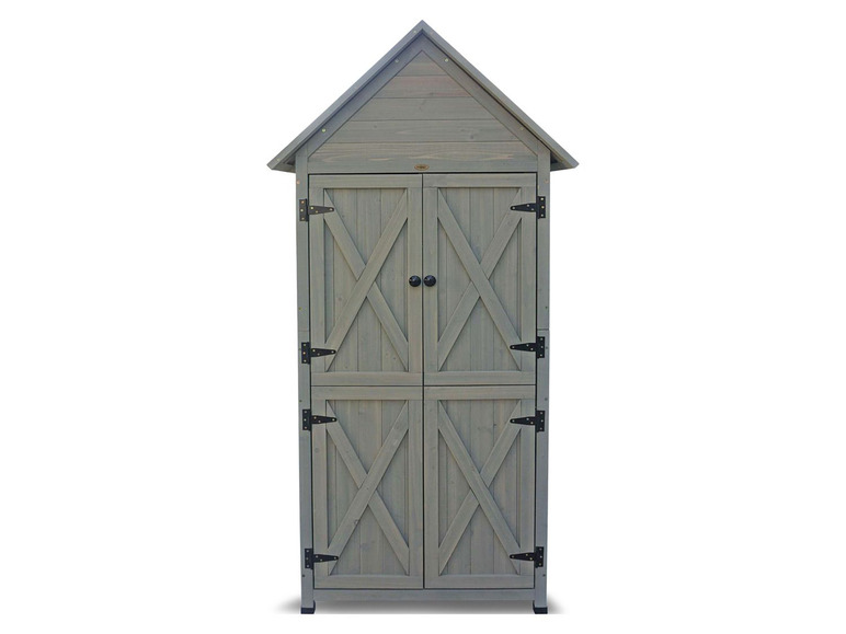 Een grijs houten tuinhuis met dubbele deuren.