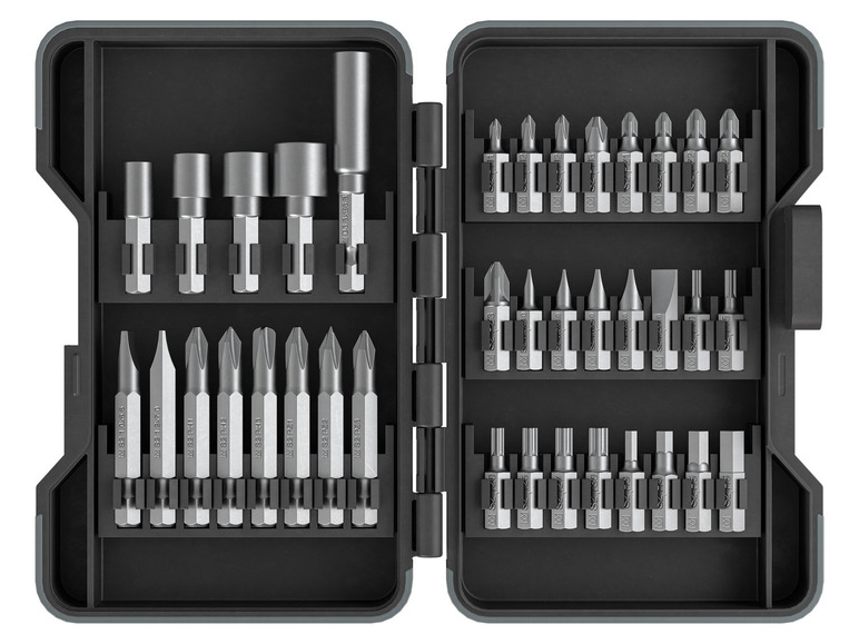 Een set schroevendraaiers met verschillende bitjes in een opbergdoos.