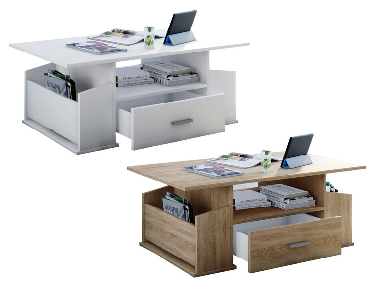 Deux tables basses modernes avec un tiroir, un rangement et de l'espace pour les magazines.