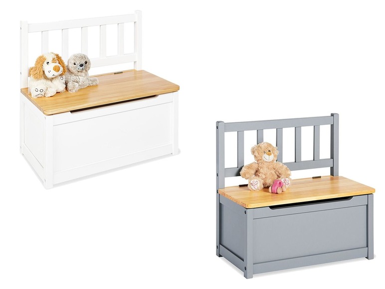 Deux coffres à jouets en bois avec banc, un blanc et un gris.