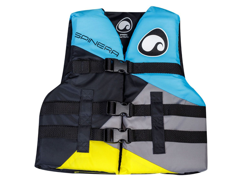 Une veste de sauvetage Spinera en noir, gris, jaune et bleu.