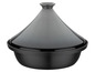 Een zwarte gietijzeren tajine met een donkergrijze deksel.