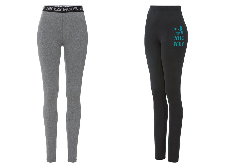 Deux paires de leggings, un gris avec un imprimé Mickey Mouse et un noir avec une image de Mickey Mouse.