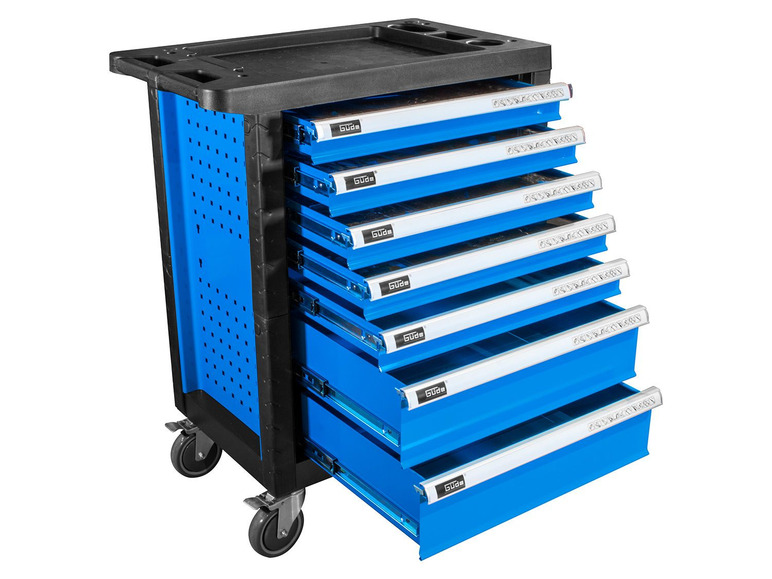 Een blauwe gereedschapswagen met zes laden, gemerkt met 'Güde'.