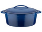Een blauwe gietijzeren braadpan met deksel.