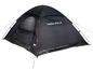 Une tente High Peak noire avec des accents rouges.