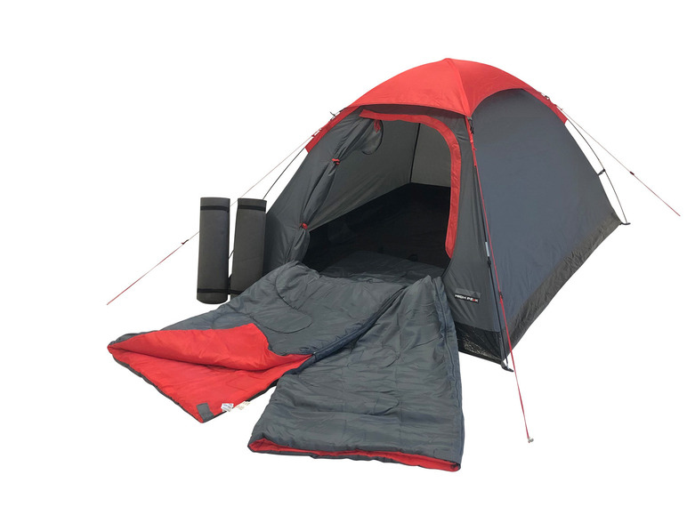 Une tente High Peak rouge avec un sac de couchage et un matelas.