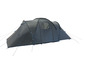 Een grijze kampeer-tent met blauwe details.