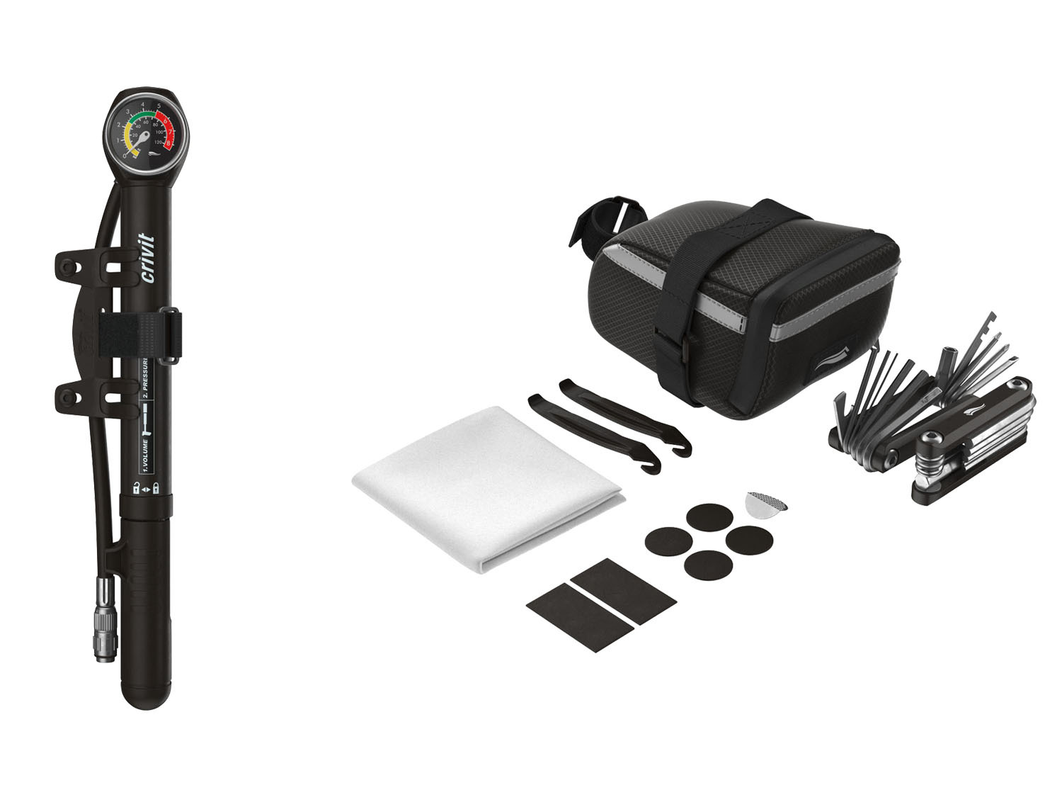 CRIVIT® Minifietspomp of fietsgereedschapset met zadel…