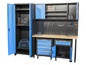 Een blauwe gereedschapskast met een werkbank, legplanken en gereedschap.
