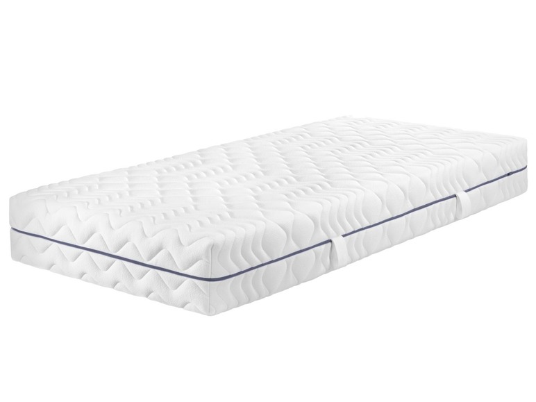 Un matelas blanc avec une bordure bleue.