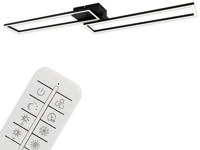 Een zwarte plafondlamp met twee vierkante lampen en een witte afstandsbediening.