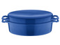 Een blauwe gietijzeren braadpan met deksel.