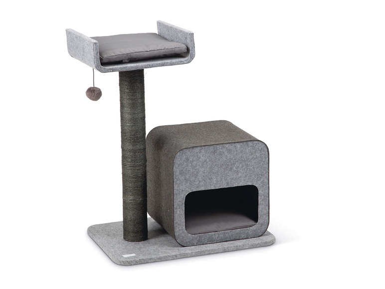 Een kattenkrabpaal met een platform, een hol en een sis touw.