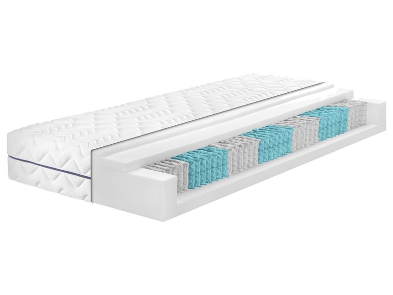Une coupe transversale d'un matelas à ressorts ensachés et une couche de mousse.