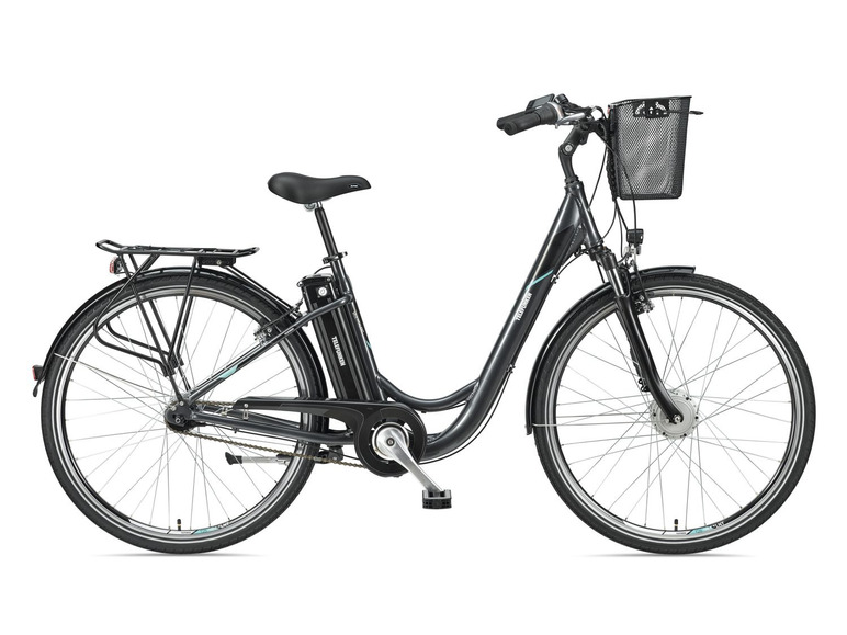 Un vélo électrique noir de la marque Telefunken avec un panier et un porte-bagages.