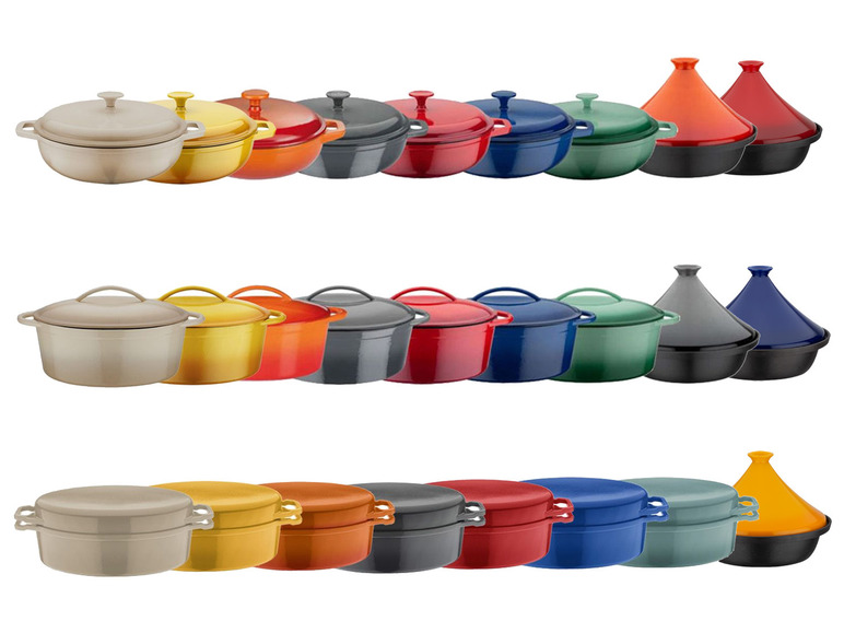 Diverse kleuren gietijzeren potten en tajines.
