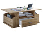 Une table basse en bois avec un tiroir, des compartiments de rangement et une tablette.