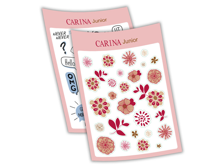 Feuilles d'autocollants avec des fleurs et du texte pour enfants de Carina Junior.