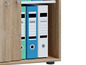 Een houten kast met schuifdeuren met daarin blauwe en witte ringbinders.