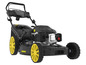 Een zwarte grasmaaier met gele wielen en een Briggs & Stratton motor.