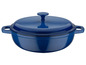 Een blauwe gietijzeren braadpan met deksel.