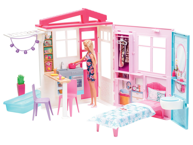 Ga naar volledige schermweergave: Barbie Vakantiehuisje, met meubels en pop - afbeelding 1