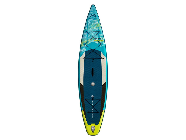 Een blauw en geel opblaasbaar paddleboard van Aqua Marina, model Hyper.