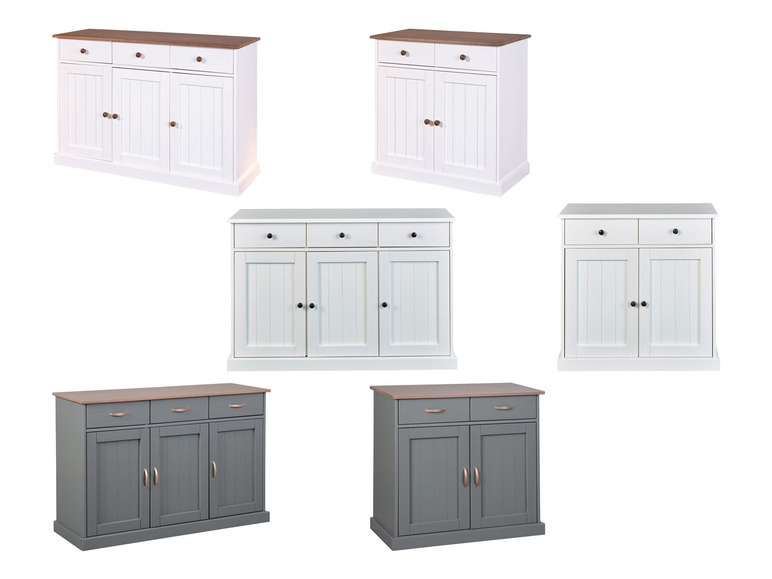 Witte en grijze dressoirs met houten bladen.
