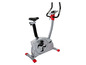 Een zilveren hometrainer met rode details en een display.