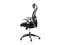 Zwarte ergonomische bureaustoel met hoge rugleuning en wielen.