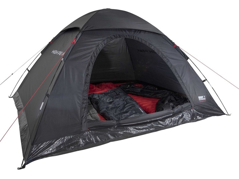 Une tente High Peak noire avec deux sacs de couchage
