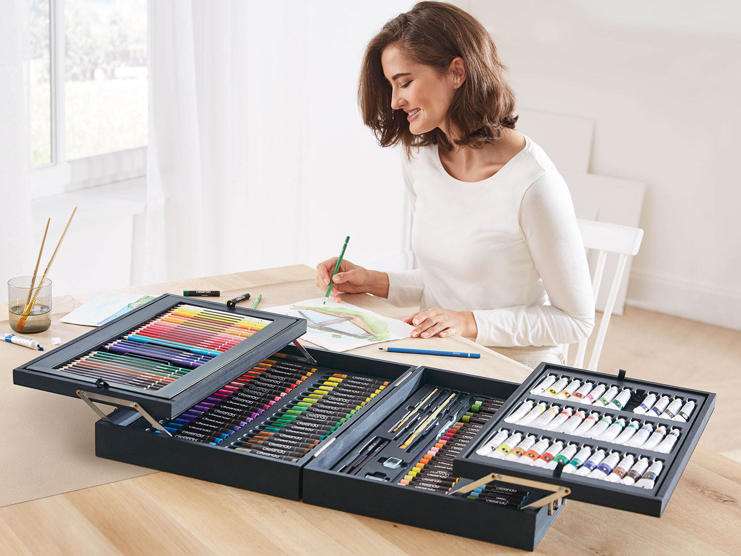 crelando® Coffret à dessin en bois, 174 pièces