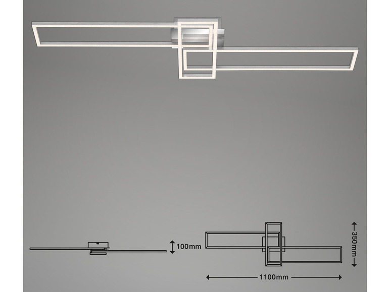 Moderne LED-plafondlamp met vierkante vorm, 1100mm breed en 350mm hoog.