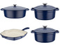 Een blauwe gietijzeren braadpan, een grillpan en een stoofpot.