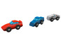 Trois voitures de jouets en bois: une voiture de sport rouge, une voiture de course bleue et une voiture de police grise.