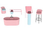 Een roze badkuip, een stoel en een bartafel
