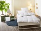 Couettes et oreillers Fjodur sur un lit avec une plante verte et un tapis bleu.