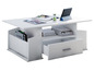 Table basse blanche avec rangements, tiroir et support pour tablette.
