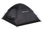 Une tente noire High Peak avec une porte en filet.
