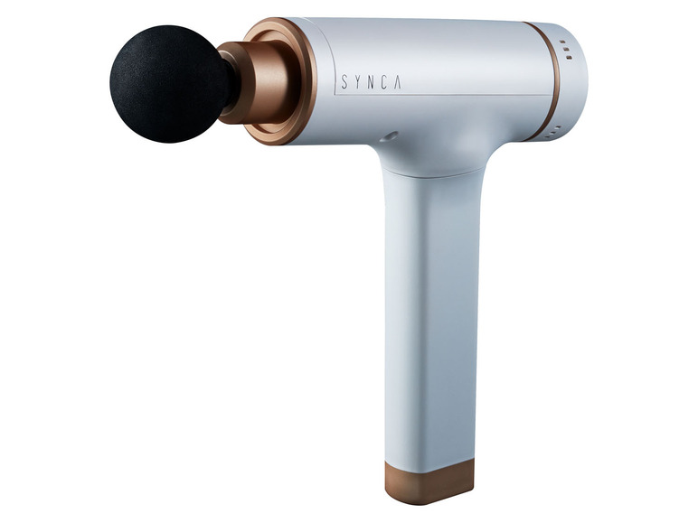 Witte massagepistool van Synca met ronde massagekop.