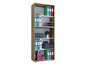 Een houten boekenkast met ringbinders, mapjes en andere kantoorbenodigdheden.