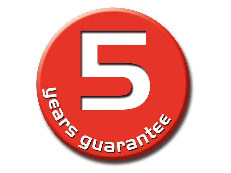 Un autocollant rouge avec le texte '5 ans de garantie'.